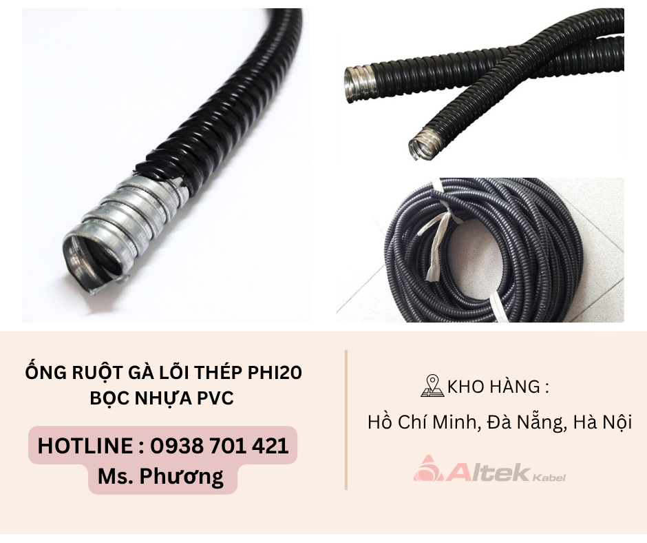 Ống ruột gà lõi thép Phi20 bọc nhựa PVC Đà Nẵng, Hà Nội, Hồ Chí Minh